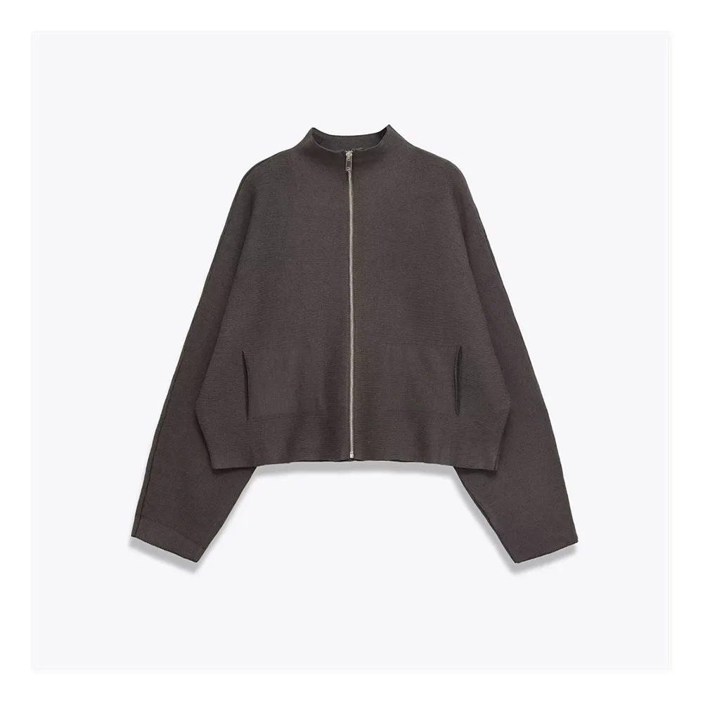 

Осенняя новая женская модная простая вязаная куртка с воротником-стойкой и длинными рукавами на молнии