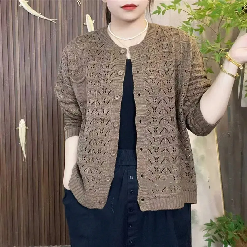 Primavera Nuovo Cardigan lavorato a maglia scavato Top Donna Moda Mamma O-Collo Maniche lunghe Maglione Scialle Maglieria Abbigliamento Donna B1232