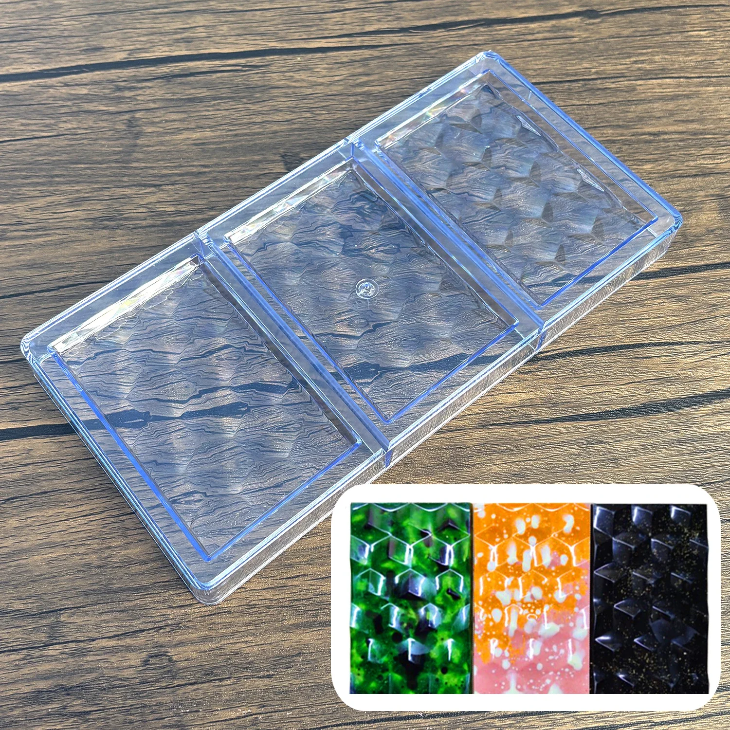 3-Cavity 3D Diamond Pyramid Polycarbonate Chocolate Tablet Mold, Textured Square Chocolate Bar Mold for Home and Bakery Making