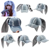 Gorra de béisbol y2k de moda coreana para Punk rasgado Retro Denim Jeans Graffiti Cool Long Rabbit Ear Street Hip Hop sombreros para el sol viseras