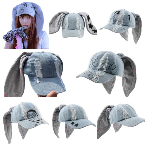 Gorra de béisbol y2k de moda coreana para Punk rasgado Retro Denim Jeans Graffiti Cool Long Rabbit Ear Street Hip Hop sombreros para el sol viseras