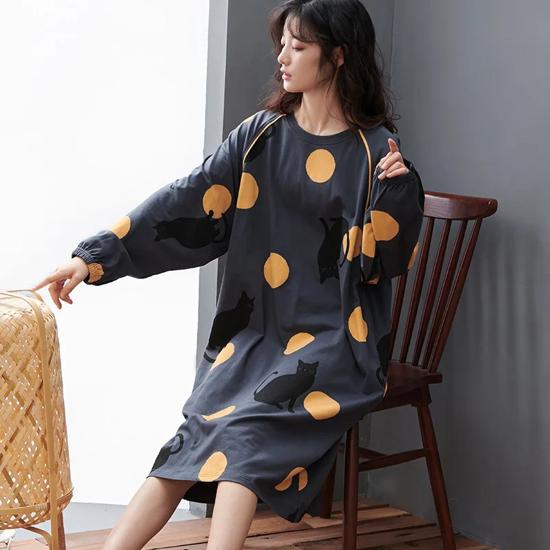 

Spring Summer New Lady Lovely Dress Women Print Long Sleeve Homedress Comefort Female Loose Casual Nightdress Cotton Sleepdress