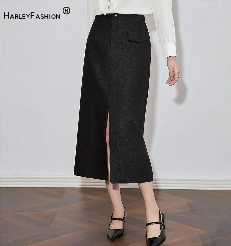 High Quality Solid Office Lady Wear Straight Cutting Embroidery All-match Midi Skirt For Women