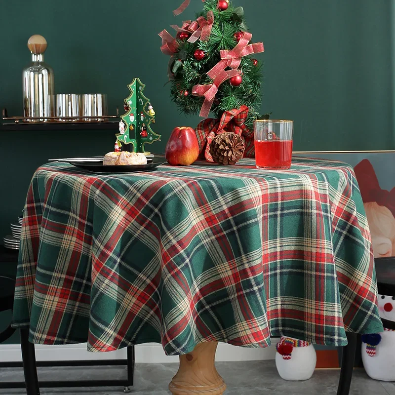 

Christmas Decoration Tablecloth Round Table Cover Colorful Checked Polyester Fabric for Christmas Party Dinner Home Decoration