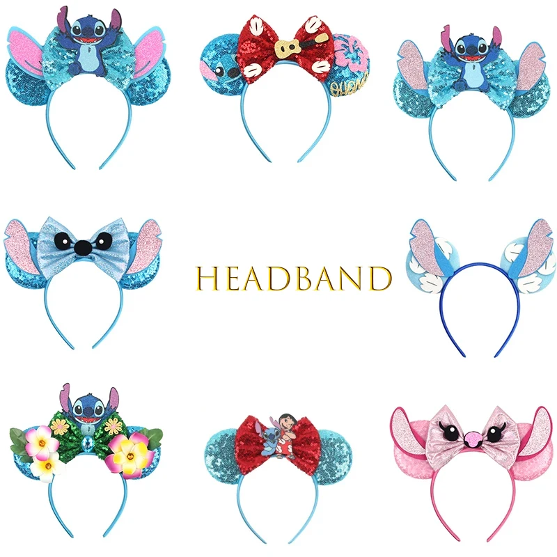 HEROCROSS Cute Stitch Headbands For Girls Sequins Bow Hairband Women Angel Headwear Kids Ears Hair Accessories Carnival Gift
