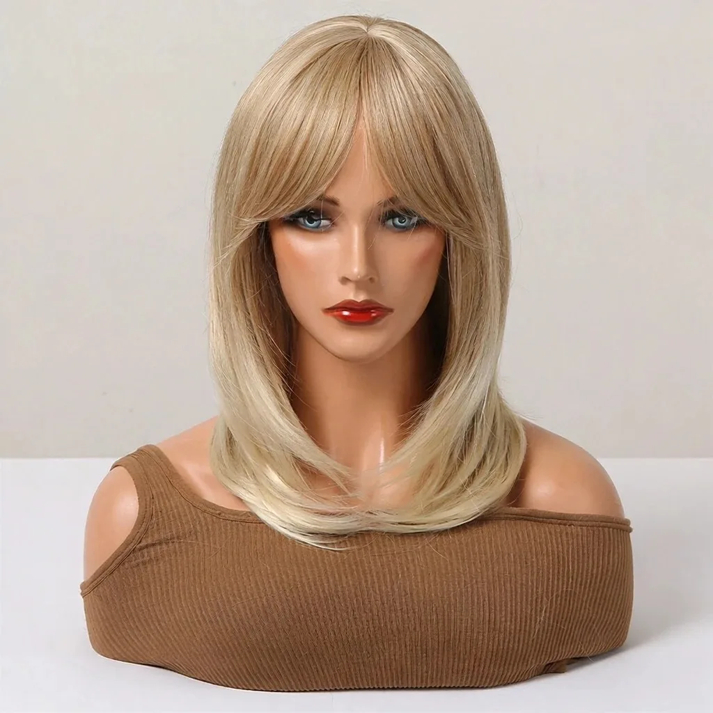 Halloween Wig TopShe 20in Light Gold Medium Straight Synthetic Wig with Bangs Blonde Layered Hair Wig For Women Heat Resistant Gradient Blonde Wig Shoulder-Length Layered Straight Hair Synthetic Wig With Curtain Fringe Everyday Party Wig