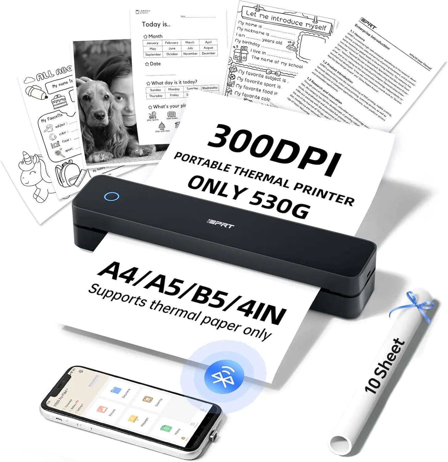 

Portable Thermal Printer, 300DPI HD Mobile Travel Printers, Inkless Wireless Small Printer for Home Office Vehicles
