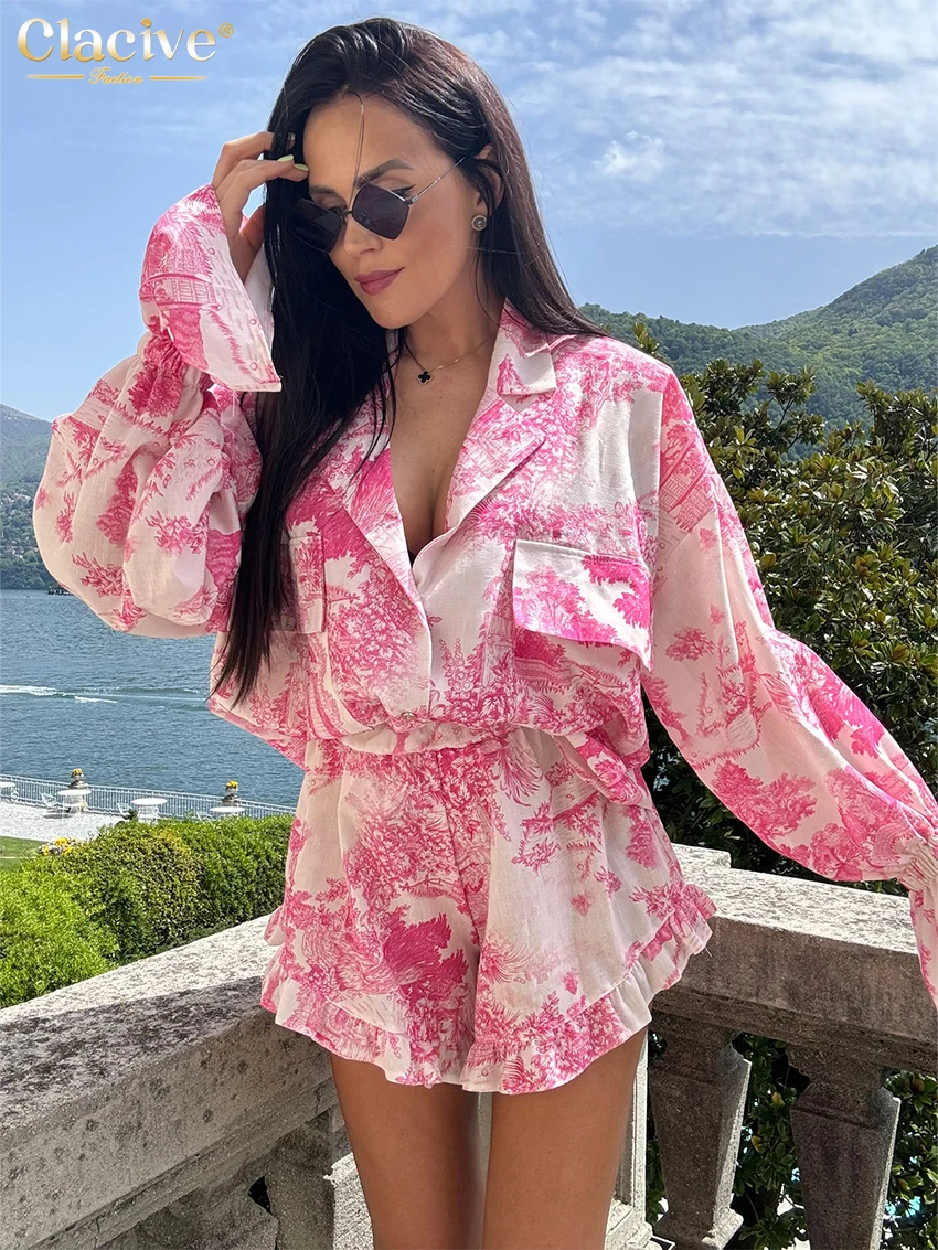 Clacive Mode losse print shorts set voor dames 2-delige elegante blouse met lange mouwen en hoge taille ruches shorts set streetwear