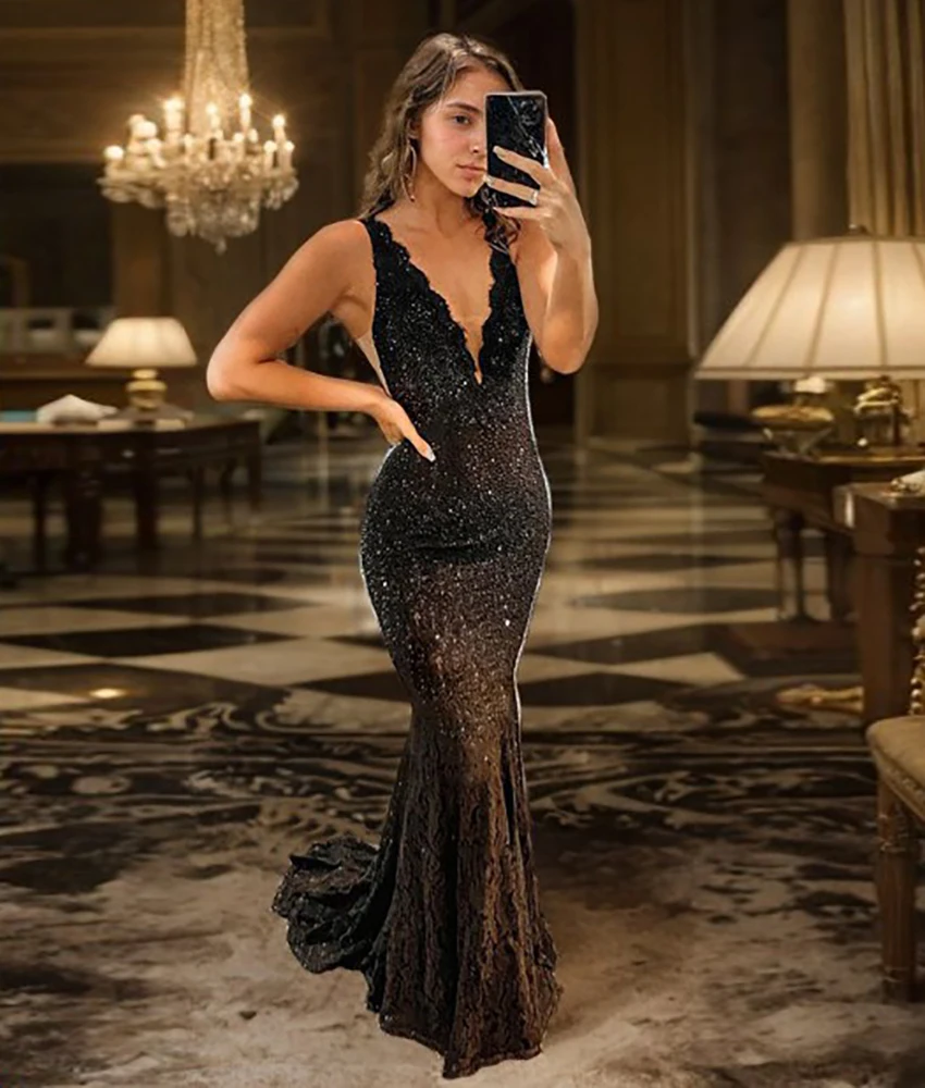 

Customized Sexy Lace Mermaid Sequined Appliques Evening Dress High Quality Sleeveless V-Neck Floor Length Bespoke Occasion Gowns