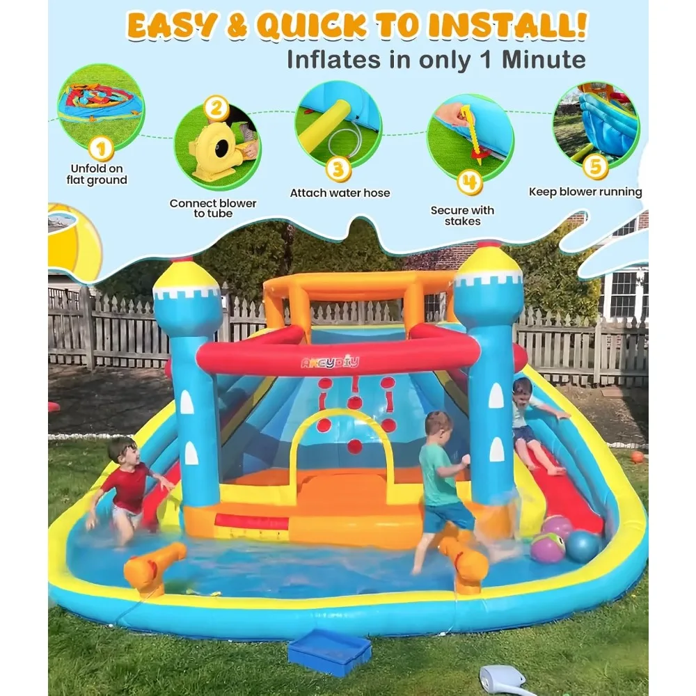 Whubefy 14.1x13.8Ft Rumah Bouncing Seluncuran Air Tiup untuk Anak-anak, Rumah Goyang Seluncuran Air Tiup Kastil Lompat dengan 2 Seluncuran