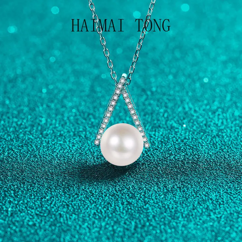 

HAIMAITONG moissanite Diamond Pearl Necklace inverted V-row diamond Pendant PT950 platinum simple atmosphere