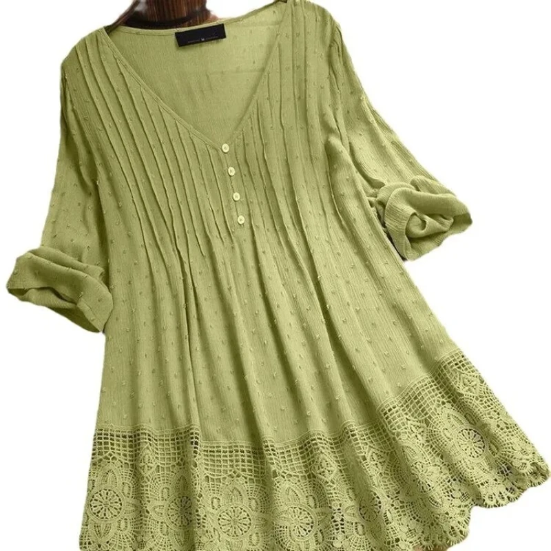

2026 Women's Cotton Linen Blouse Tops Fashion Lace Hollow Out V-neck Shirt Ladies Retro 3/4 Sleeve Loose Casual Tops Plus Size