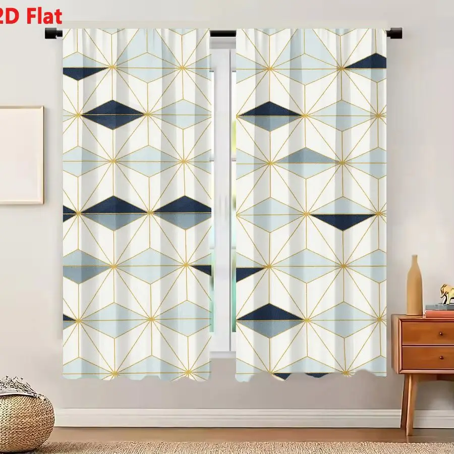 2Pcs Curtains Add 2D Flat Art Deco Seamless Geometric Pattern With Gold Grid And Blue Shapes On Cream Background Window Drapes f