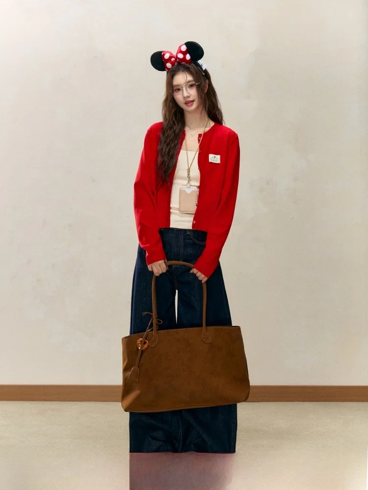 

Корейский вязаный кардиган ELEVEN SP с круглым вырезом, красный, весенний, женский, мягкий, с длинными рукавами, укороченный, на пуговицах, с V-образным вырезом