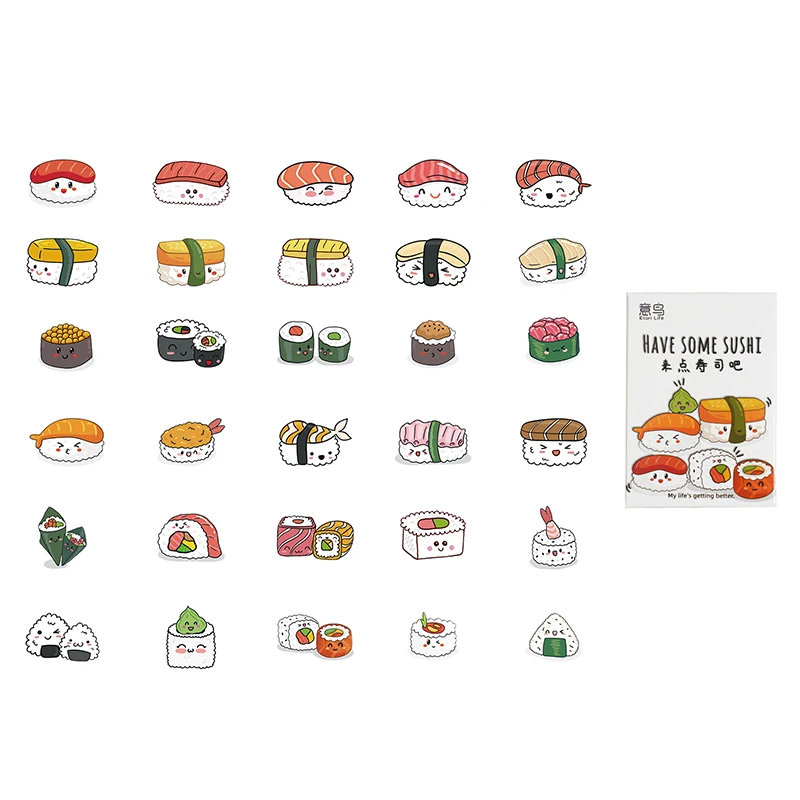 30PCS Cartoon Sushi Small Sticky Sticker Aesthetic Paper DIY Decoration Scrapbooking Japan Stationery School Supplies for Kids