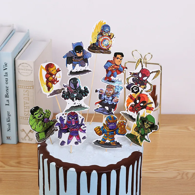 Marvel Party Superhero Birthday Supplies Avengers Spiderman Cake Topper Decor Iron Man Kids Baby Shower Cupcake Wrapper Toppers