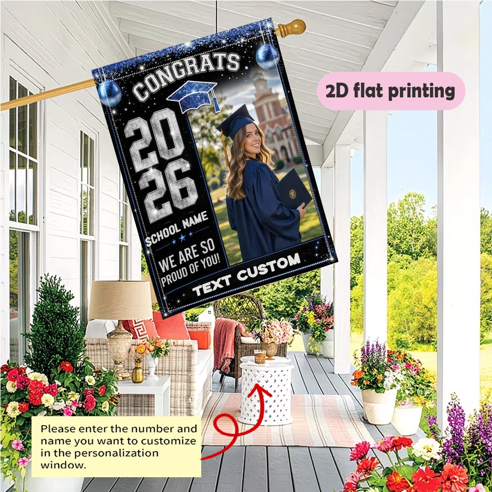 Garden flag custom Name Photo And School Name Black Blue Glitter Balloons Best product Gifts for Graduates - view 2