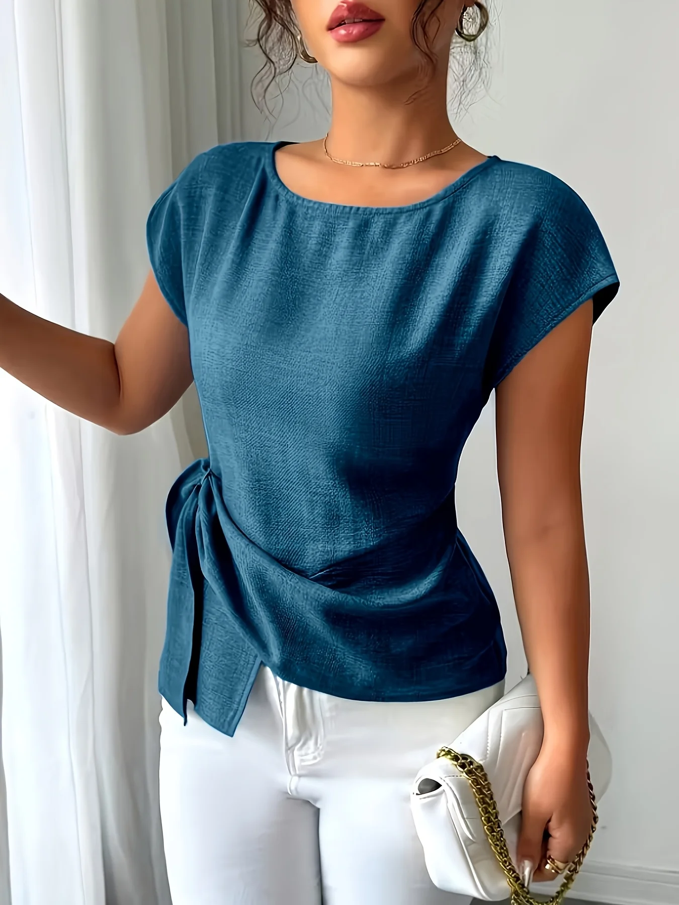 Ladies Sea Blue Short Sleeve Top with Asymmetric Hem And Back Zipper Casual Elegant Shirt for Daily Wear And Vacations
