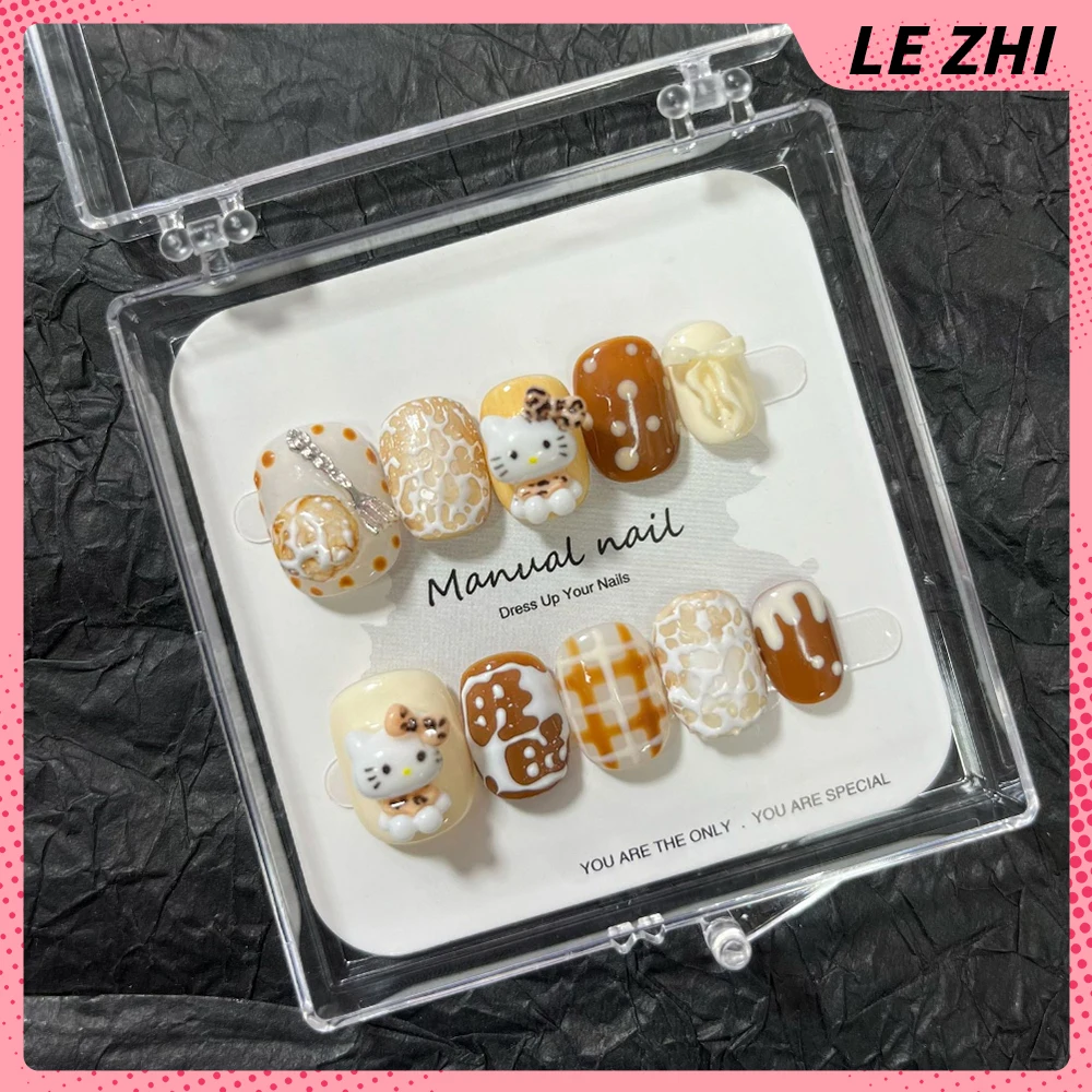 Kawaii Sanrio Hello Kittys Короткие квадратные круглые носимые ногти ручной работы с мультяшным кроликом, собакой, медведем, белкой, бантом, накладными ногтями