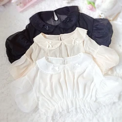 Sweet Lolita Style Blouses Kawaii Women Cute Bow Peter Pan Collar Ruffles Short Sleeve Thin Chiffon Shirt Transparent Inside Top