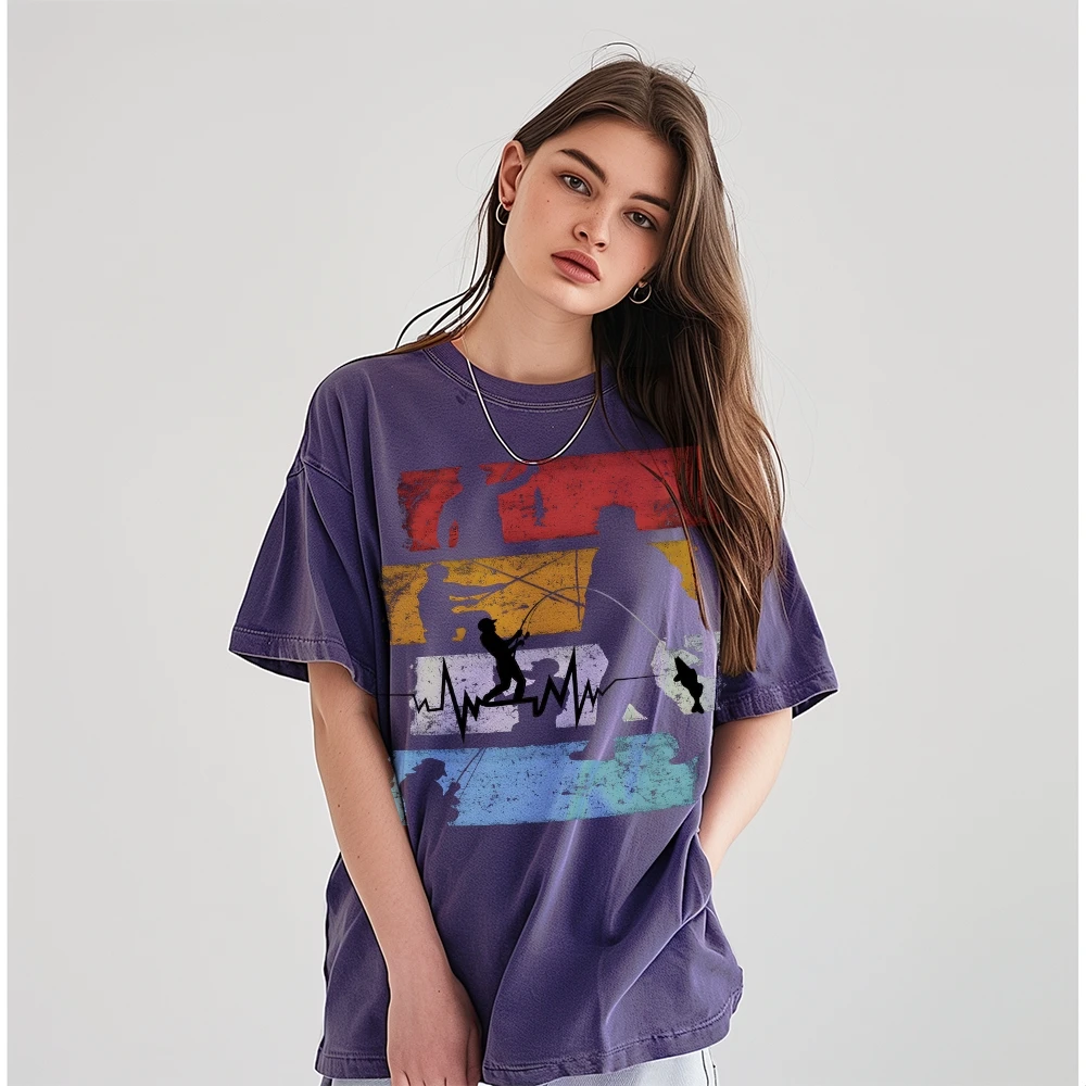 تي شيرت أنماط فريدة من نوعها لصيد السمك، ملابس نسائية، تي شيرت مغسول، كاجوال نسائي، رسومات Y2k، مرسومة يدويًا، طراز ريترو خارجي