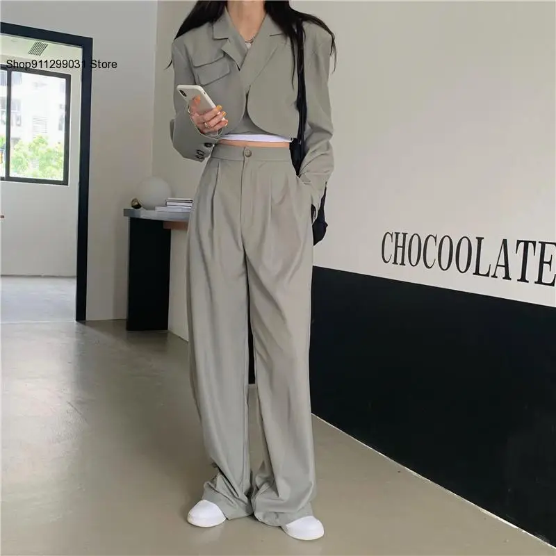 Women Sexy Crop Blazer Jacket High Waist Trousers Suits Wide Leg Pants Outfit 2-Piece Set Fashion for Female Summer