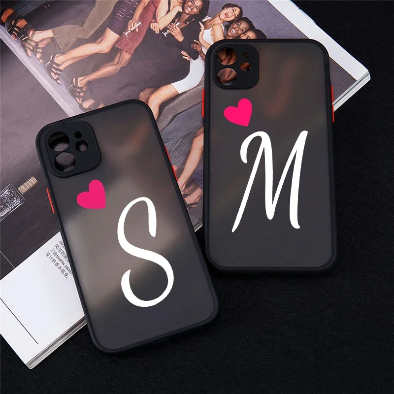 Initial Letter A Z Love Heart Couples Phone Case For iPhone 11 12 13 14 15 Pro Max Mini X XR XS 7 8 Plus Silicone Cover Fundas