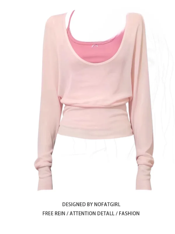 

plus Size Women's Sweet Style Pink Long Sleeve T-Shirt Slimming Waist Cinched Summer Fashion Set Two Piece Casual Outfit