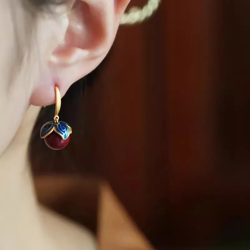 PANJBJ 925 Silber Persimmon-Roter Stein Ohrringe für Frauen Retro Ethnisches Glücksdesign Unregelmäßiger Schmuck Geschenk Dropshipping – Detail 3