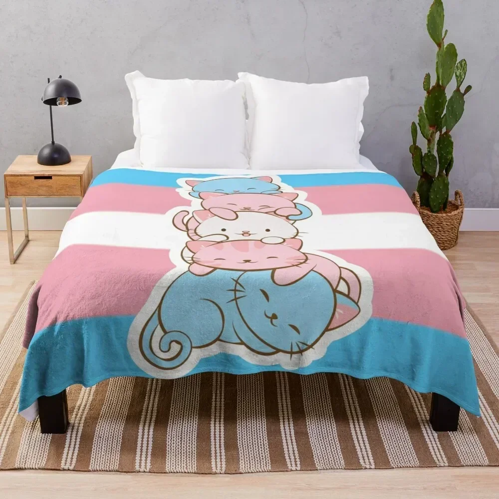 

Transgender Pride Flag Cute Kawaii Cats Subtle LGBTQ Trans Pride Throw Blanket Stylish Couch Blanket for Home Living Room