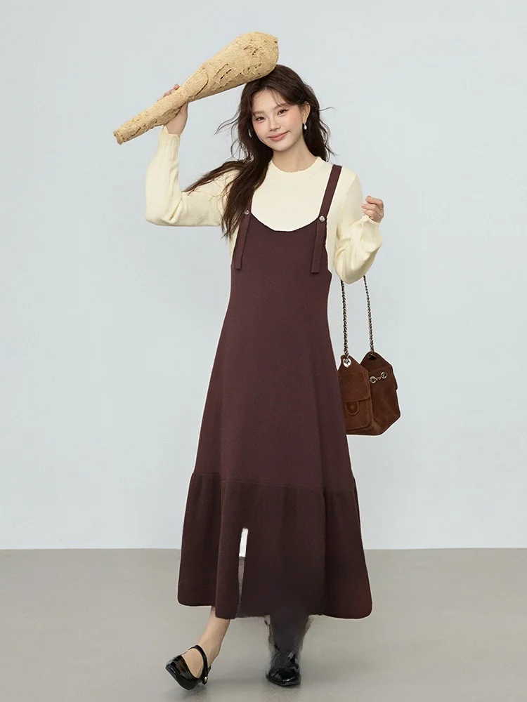 

Уютный вязаный комплект из двух предметов: имитация двухслойности, свободный крой, юбка А-силуэта, полиэстер, круглый вырез, зимний вариант