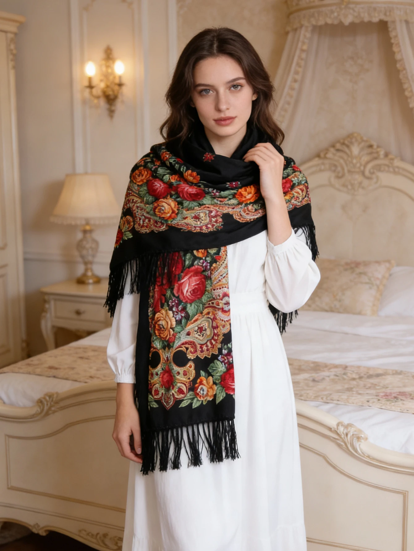 Ethnic Print Scarf for Women Fashion Shawl Russian Scarves Peony Flower Headscarf Long Headband Shawls Sunscreen Cloak Blanket