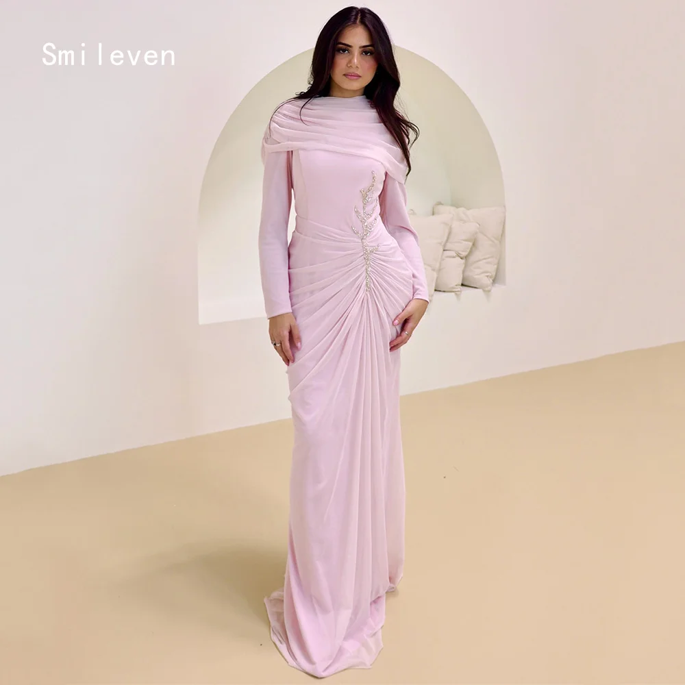 Smileven Luxury Beading A Line Evening Dress Scoop Formal Prom Dresses Appliques Gala Pink Chifforn Party Gowns Customized 2026