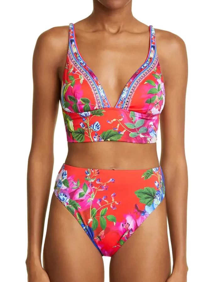 

Contrasting Flower Print Women's Bikini Retro Luxury High Waist Two-Piece Designer New Beach Resort Swimsuit And Cover-Up