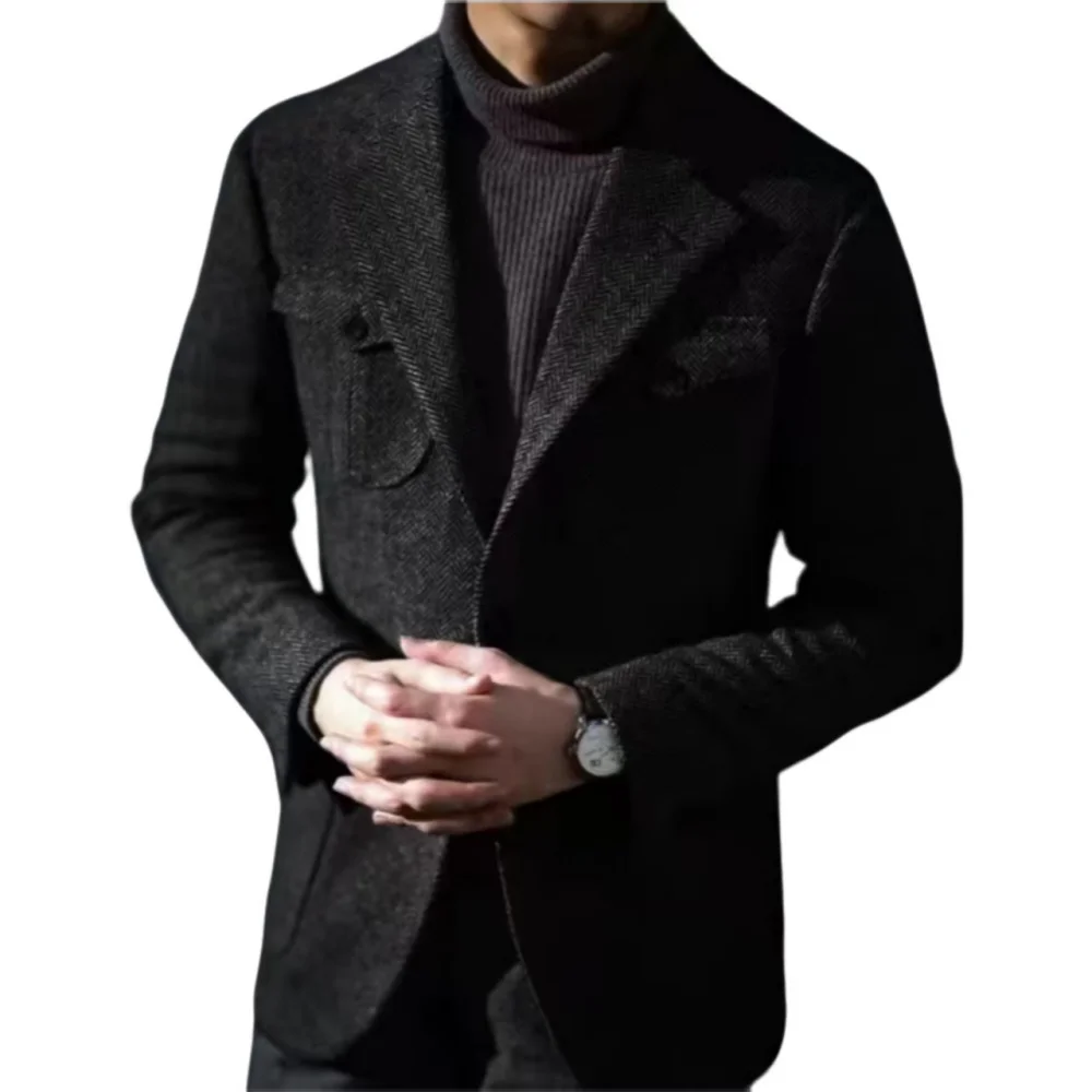 

Casual Men's Herringbone Blazer Tops Notch Lapel Single Breasted Outwear Prom Tuxedo Business Wedding Jacket Wool Suit Coat