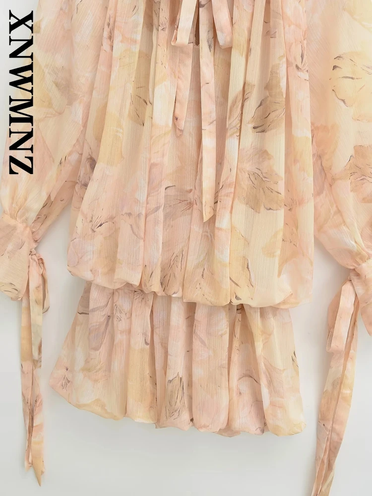 XNWMNZ 2025 ฤดูร้อนใหม่เลดี้แฟชั่น boho โบว์คอยาวแขนยาวมินิชุดลําลองวันหยุดผู้หญิง Ruffle ชุดดอกไม้