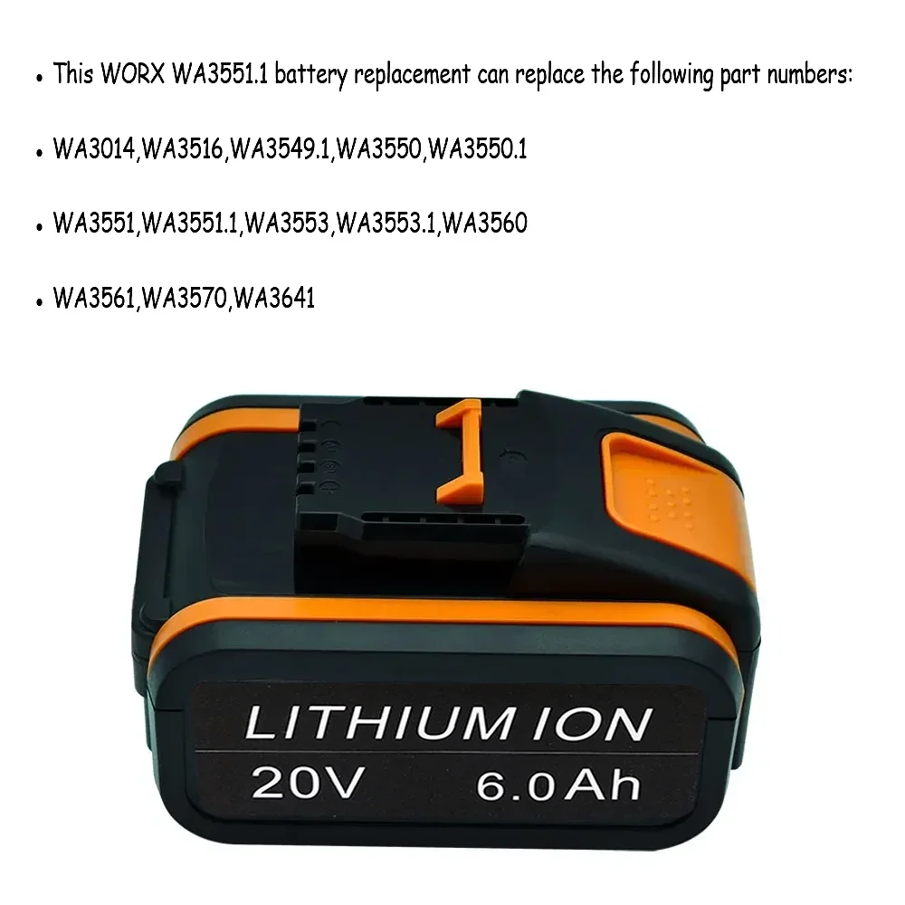 WX390 battery 20V 6.0Ah For Worx WA3553 cordless power tool backup battery WA3551 WA3553 WA3641 WX373