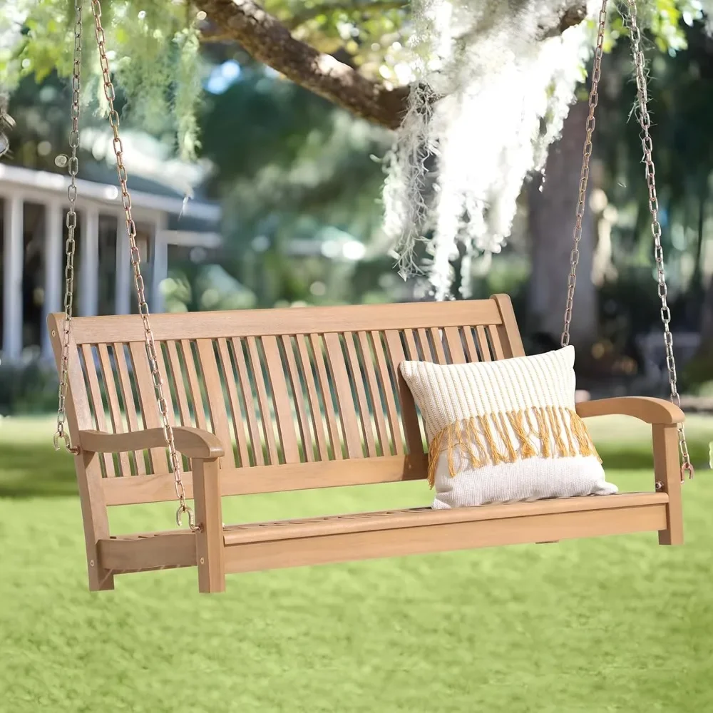 

Outdoor Porch Swing Hanging Swing Chair Wooden Swing Bench with Hanging Chains Acacia Wood Garden Backyard