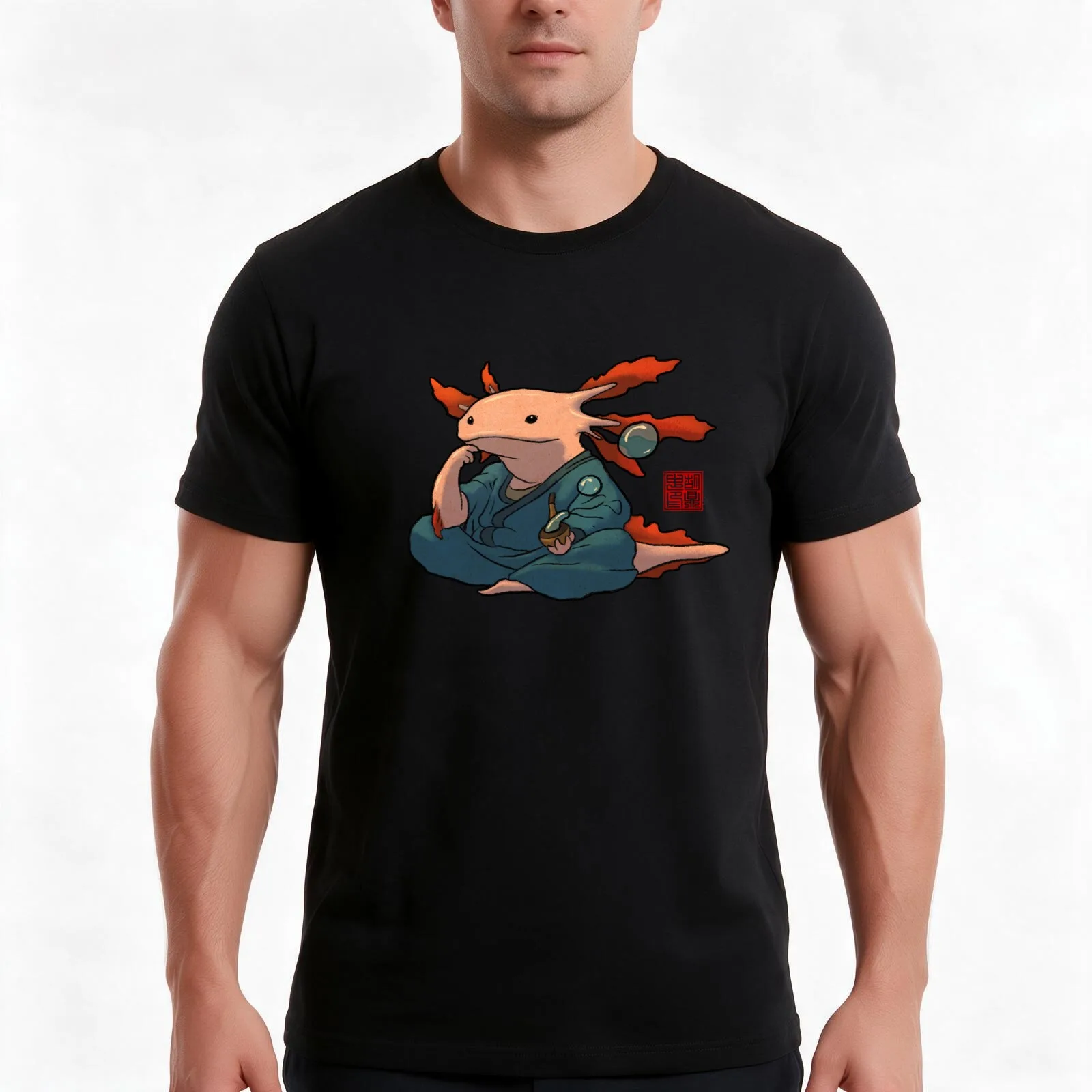 cute axolotl philosopher T-Shirt, Summer Casual Cotton Tee, Oversized Streetwear Tops, Vintage Graphic Print, Unisex Men Women