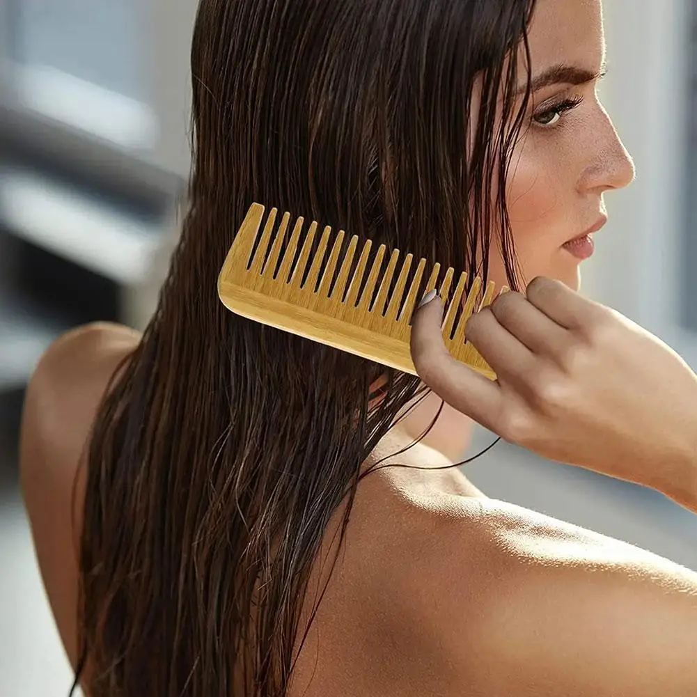

Natural Bamboo Wide Tooth Comb Detangling Combs Anti-Static Curly Hair for Women Men Smoothing Massaging B3S6