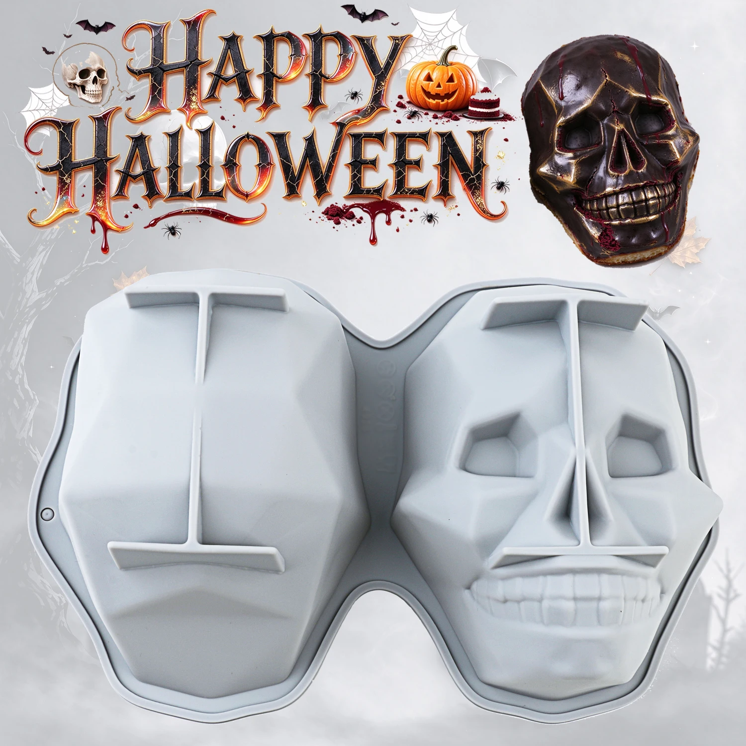 A Halloween-Themed Large Skull Silicone Cake Baking Mold, with Two Large Compartments, Made of Food-Grade Non-Stick Silicone, Suitable for Making Cakes, Chocolate, Holiday Decorations, and Halloween-Themed Products