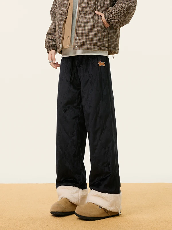 

Утепленные мужские повседневные брюки из овечьего вельвета с вышивкой таксы в американском стиле, прямые, свободные, широкие, длинные, зимние