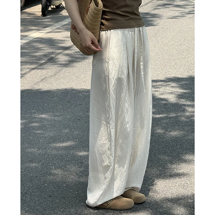 Koreańskie spodnie damskie z prostym, elastycznym pasem, sznurkiem, krojem typu knife, na lato 2025, nowe, przewiewne, przyjazne dla skóry, z bawełny i lnu, do ziemi...