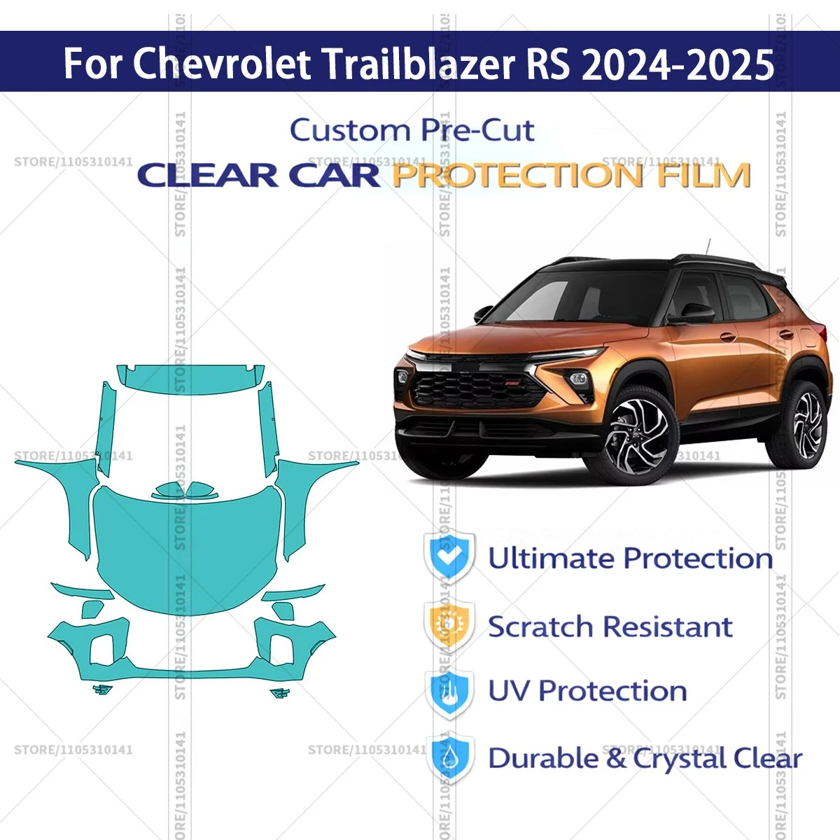 

Предварительно нарезанная прозрачная защитная пленка PPF для автомобиля, комплект для передней части Chevrolet Trailblazer RS 2024-2025