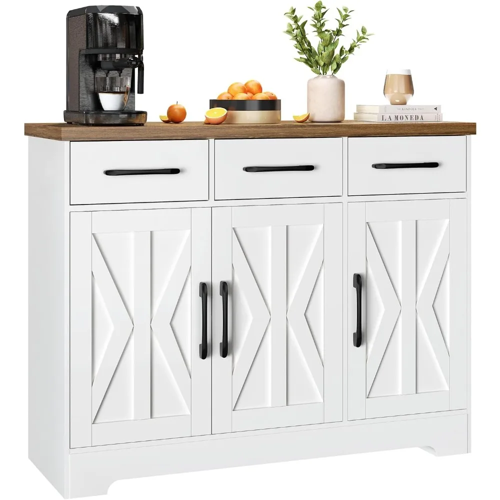 Farmhouse Modern White Wooden Sideboard Cabinet with 3 Barn Door, 3 Adjustable Shelves, 2 Drawers, for Kitchen, Dining Room