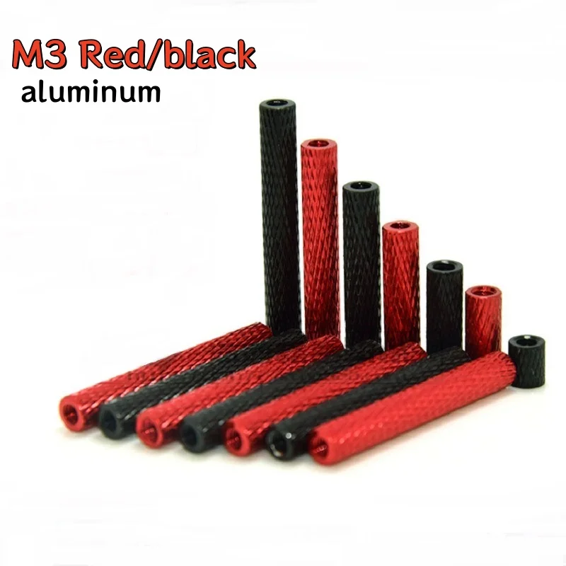 Red/Black Knurled Aluminum Standoff Spacers – Columns/Aluminum Rods (6–50mm Length Options) M3