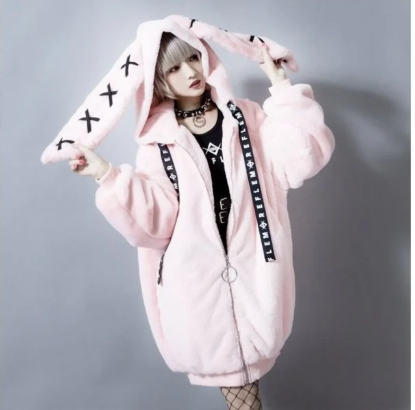 Lolita Cute Hooded Plush Coat Autumn Winter New Girl Sweet Cool Jacket Women\'s Rabbit Ears Thick Plush Cotton-Padded Coat