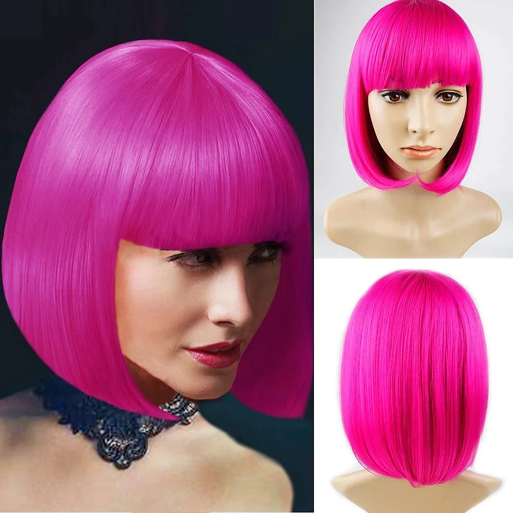 Pink Wig Hot Pink Costume Wigs for Women Short Wavy Colored Wigs with Air Bangs Synthetic Wigs