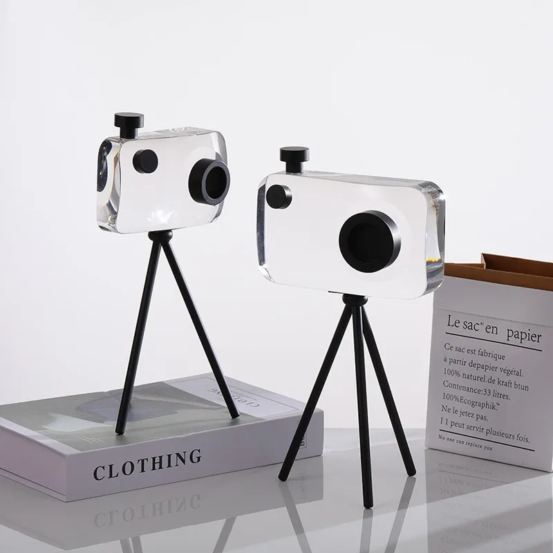 1Pcs Vintage Crystal Camera Ornament, Glass Binoculars Model, Living Room Wine Cabinet Desktop Decoration, Astronomical Gift