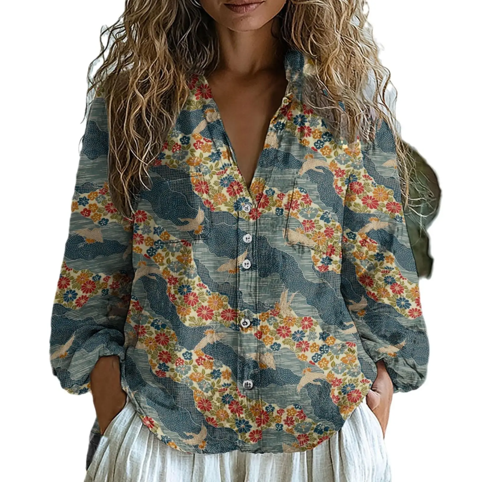 Tissu en lin exquis pour femmes, col irt imprimé, coupe ample, décontracté, Long, en Fiber de Polyester, sans fer